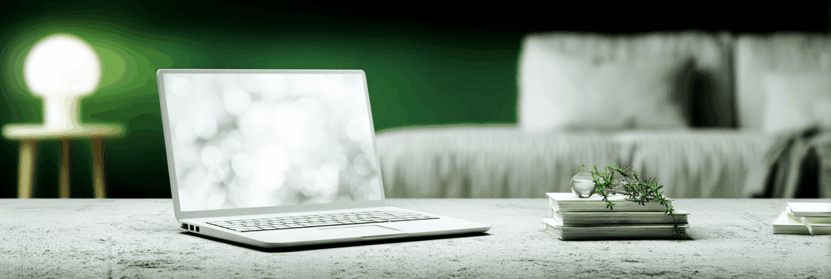 A minimalist desk scene with an open laptop facing a softly lit green window. The background includes a blurred bookshelf and a potted plant, evoking a quiet, reflective atmosphere.