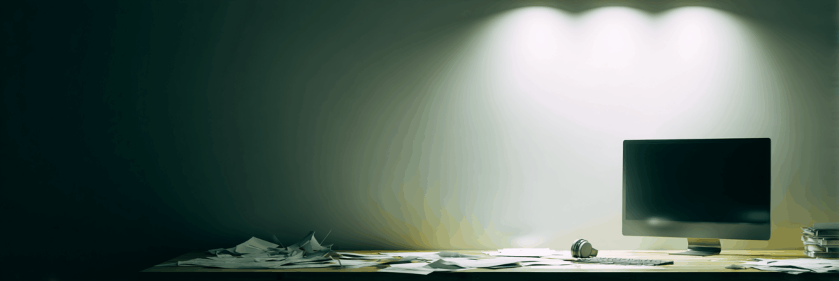 A dimly lit workspace with a scattered pile of papers on a desk and a dark computer monitor glowing faintly. The soft, moody lighting suggests quiet overwhelm or introspection, with an air of suspended thought.
