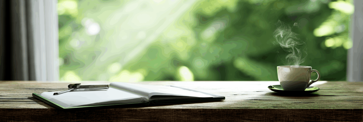 An open journal and pen rest beside a steaming cup of coffee on a wooden table, bathed in soft morning light through a window. The scene suggests calm, intention, and quiet creative presence.