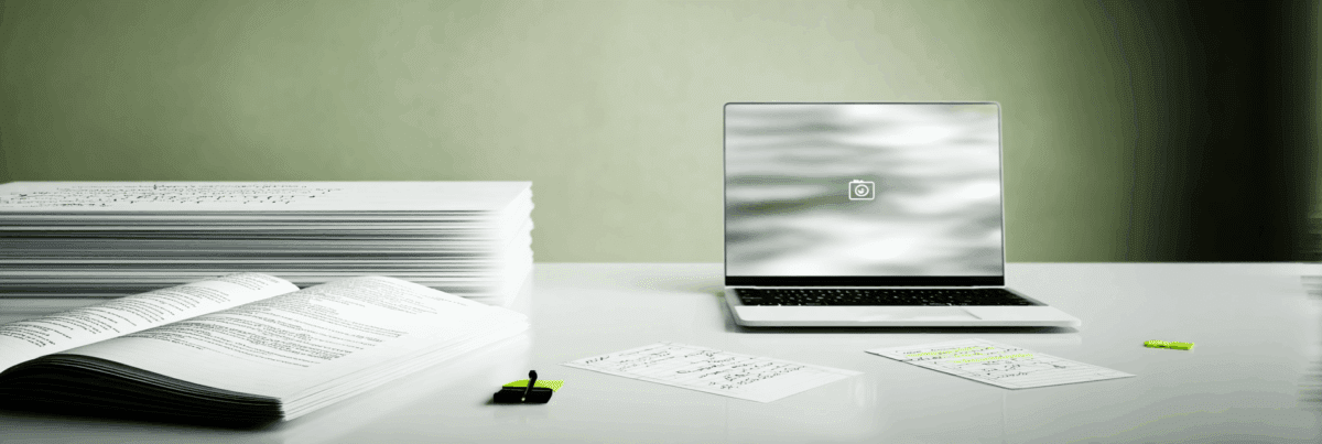 A large stack of printed pages beside an open document and a laptop with a blurred screen. Loose notes and a highlighter rest on the table—evoking the long, layered process behind building something personal and lasting.