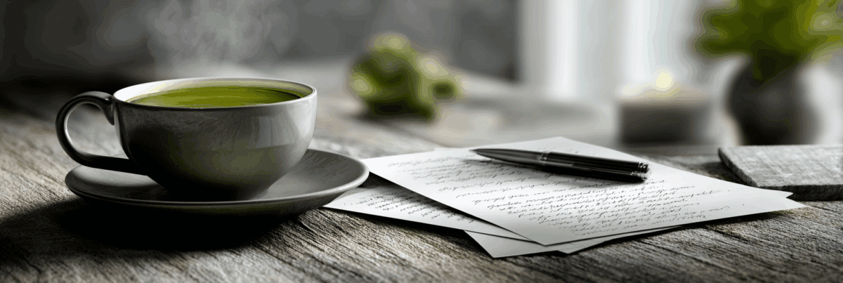 A steaming cup of green tea on a rustic wooden table, beside handwritten notes and a pen, symbolizing calm focus and creative reflection.