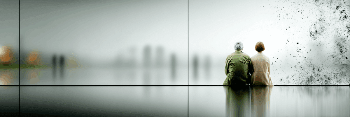 Two people sit closely together on a bench, viewed from behind. The blurred background shows faint silhouettes and abstract textures, creating a contemplative, almost dreamlike atmosphere.