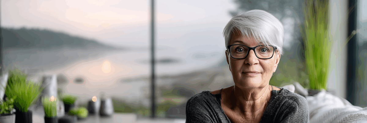 White-haired woman with glasses sitting indoors near a large window, calm expression, with blurred lakeside view in the background.