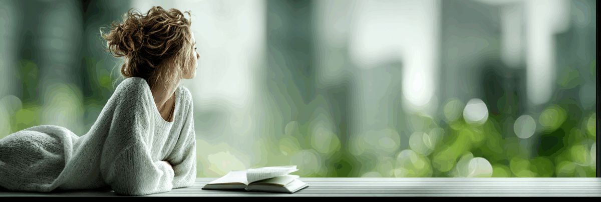 A woman in a soft white sweater leans on a windowsill, gazing thoughtfully outside. An open notebook lies in front of her, with blurred city buildings and green foliage in the background.