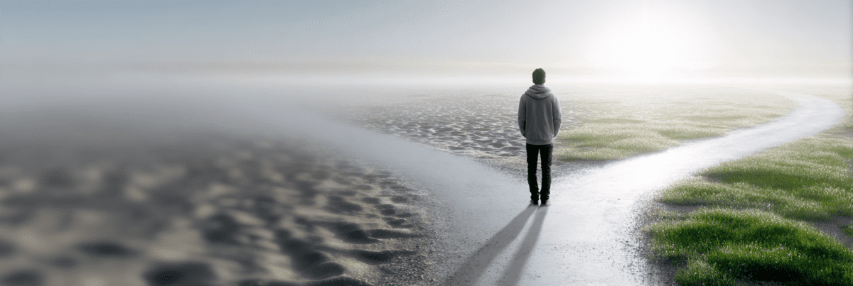 A person standing still on a pale path that curves gently forward, with sand on one side and grass on the other, under a bright, hazy sky.