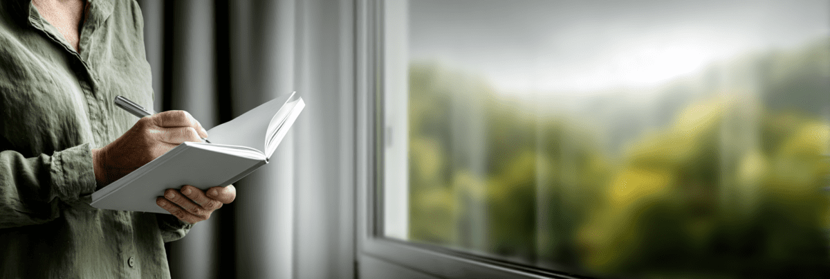 A person stands by a window writing in a notebook, soft natural light illuminating their hands and the page, suggesting a quiet moment of reflection and careful return to creative work.