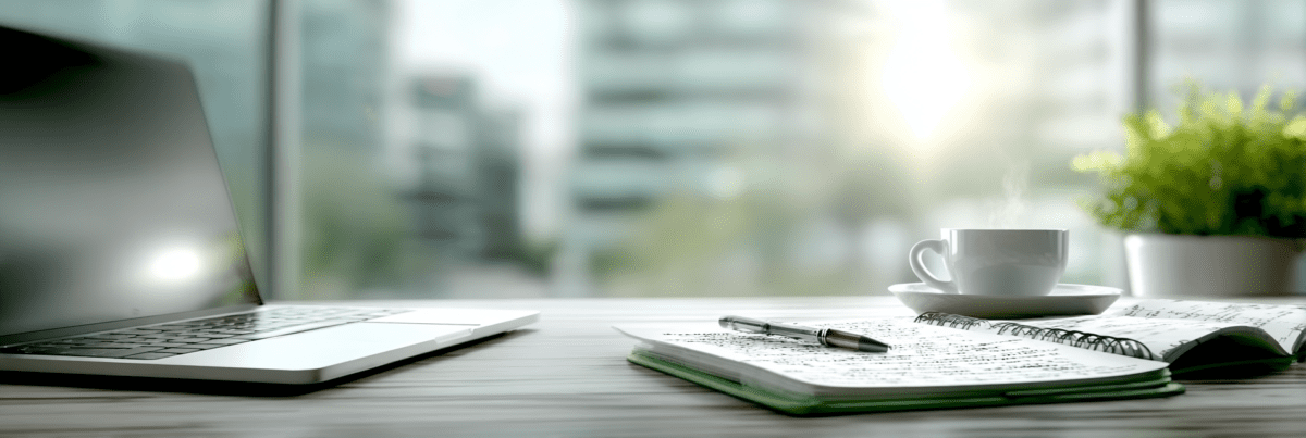 A tidy desk with an open laptop, a notebook filled with handwritten notes, a pen, and a cup of coffee near a window, conveying a calm, intentional pause before continuing work.