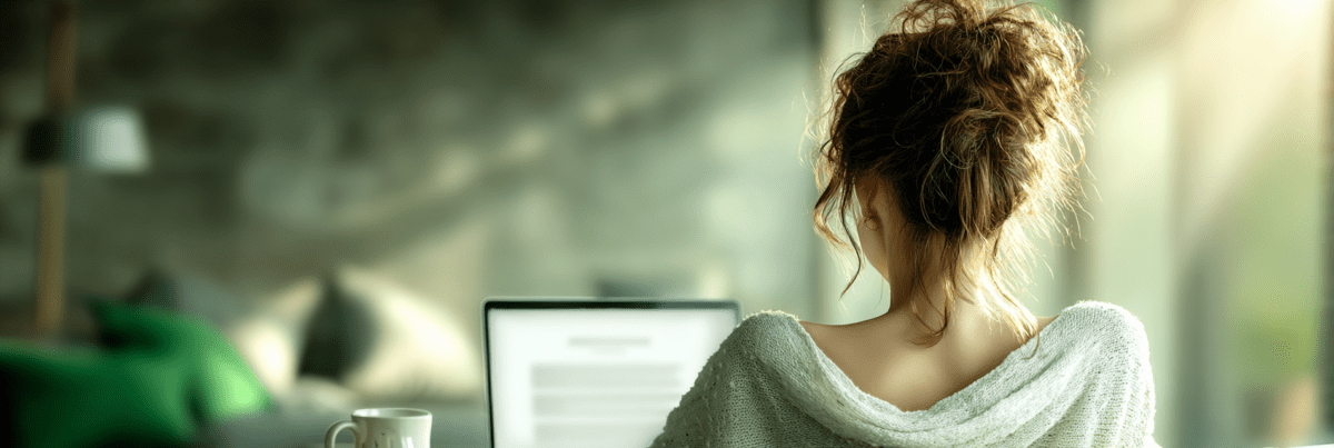 A person seen from behind sits at a desk with an open laptop showing a blank document, morning light filling the room, conveying a quiet moment of returning to writing.