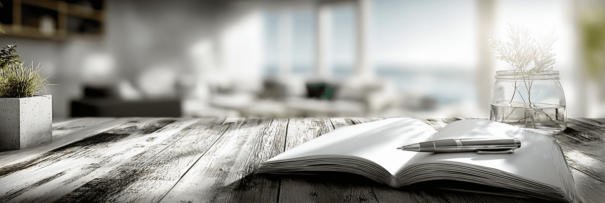 An open notebook with a pen resting across its pages on a wooden table, softly lit by natural light, suggesting a calm pause before beginning again.