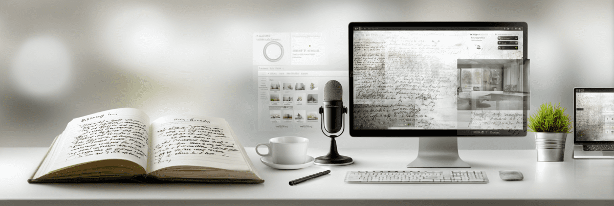 A clean workspace with an open handwritten notebook, a microphone, and a computer screen, showing an idea being developed across writing, speaking, and digital formats.