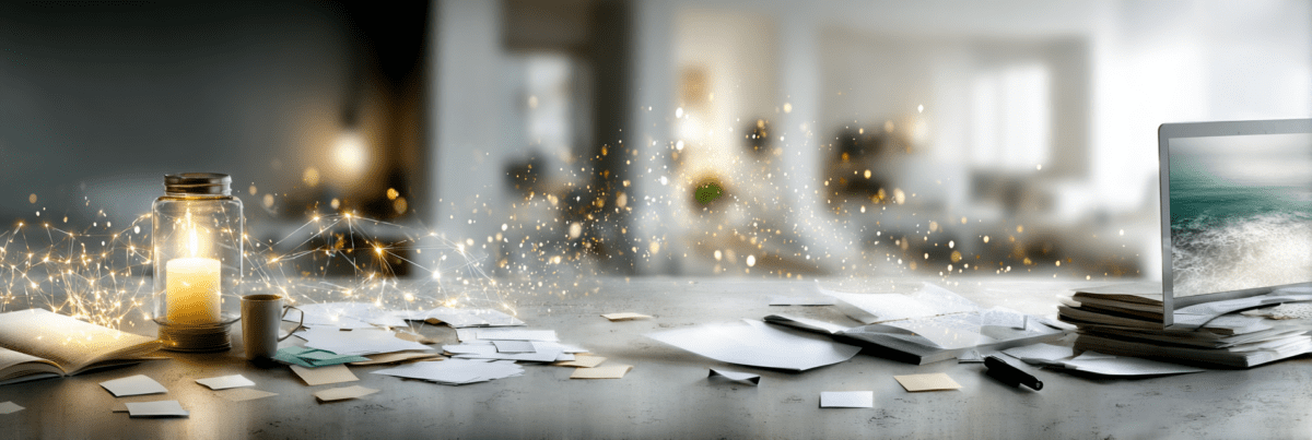 A modern creative desk filled with papers, notebooks, and a laptop, surrounded by glowing interconnected lines and floating light particles, symbolizing ideas connecting and patterns emerging from creative work.