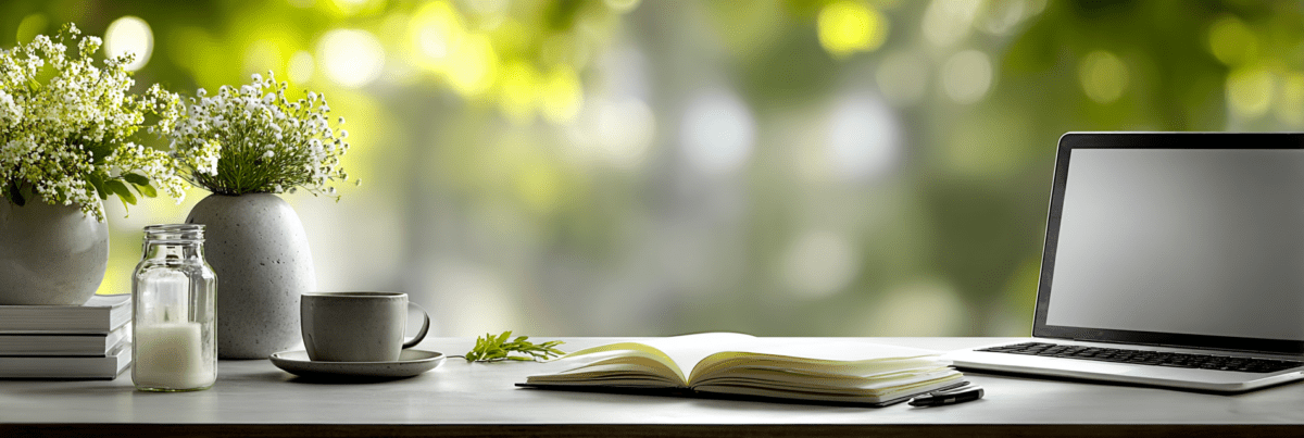 A bright minimalist workspace with an open notebook, coffee cup, laptop, and soft greenery in the background, illuminated by natural morning light and creating a calm, hopeful feeling of new direction and possibility.
