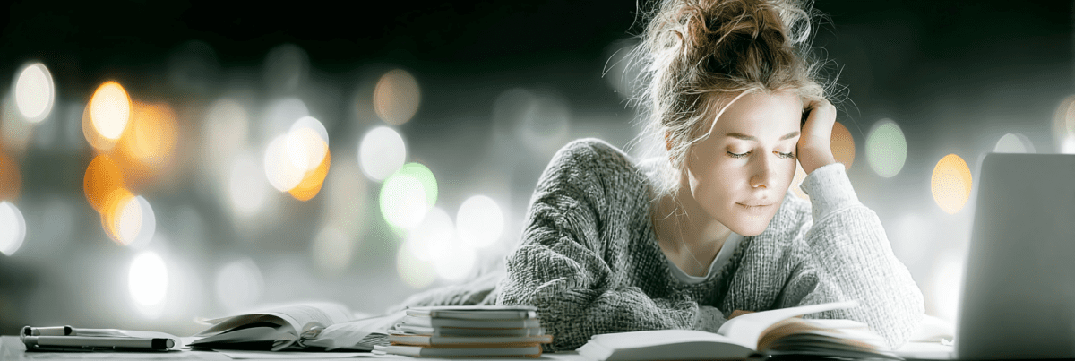A woman sitting late at night beside a laptop and open notebooks, quietly reading and reflecting under soft glowing city lights in the background.