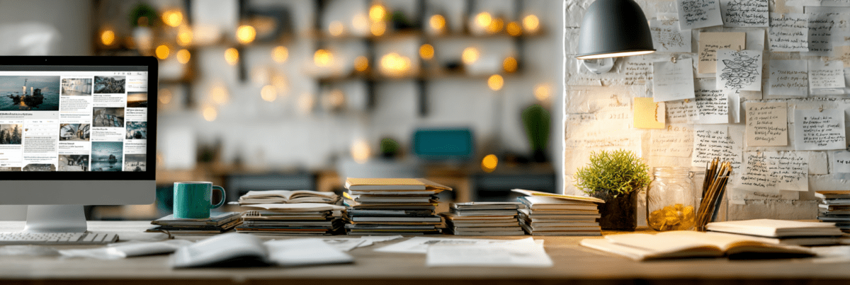 A warmly lit creative workspace filled with stacked notebooks, scattered papers, handwritten notes pinned to a wall, and a desktop computer displaying archived posts, creating a reflective atmosphere of memory, creativity, and quiet direction.
