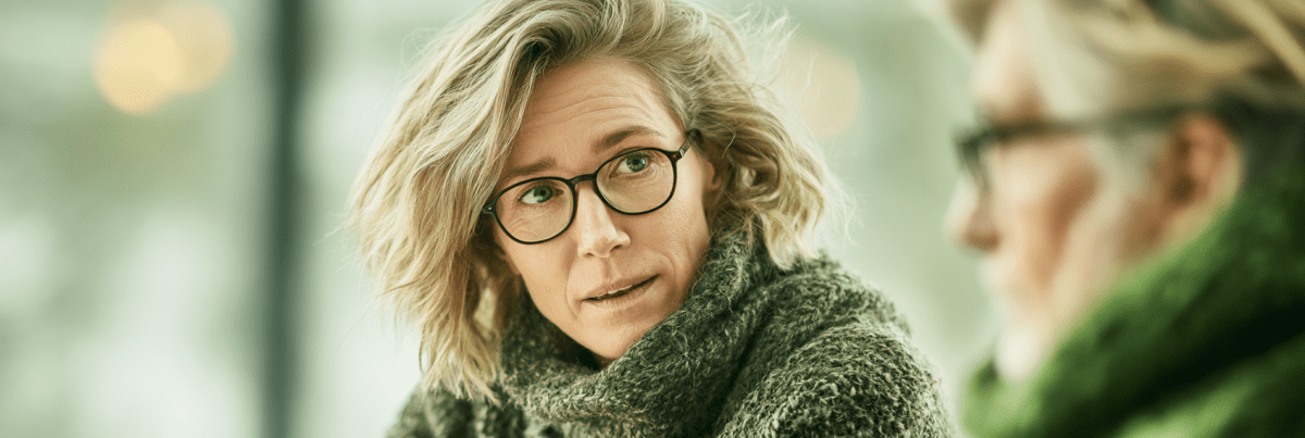 A woman wearing glasses looks surprised during a quiet conversation in a café, illustrating the unexpected moment when a familiar topic turns out not to be familiar at all.