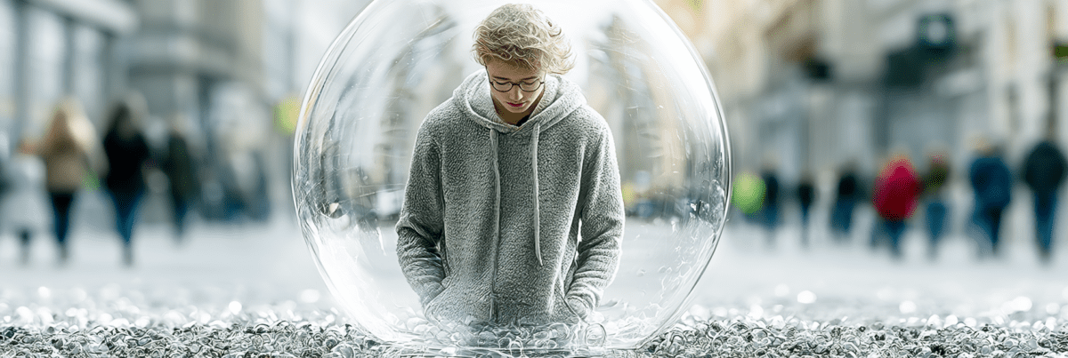 A person stands alone inside a transparent bubble on a busy city street while people pass by outside, symbolizing how we can become unaware of the assumptions created by our own world.
