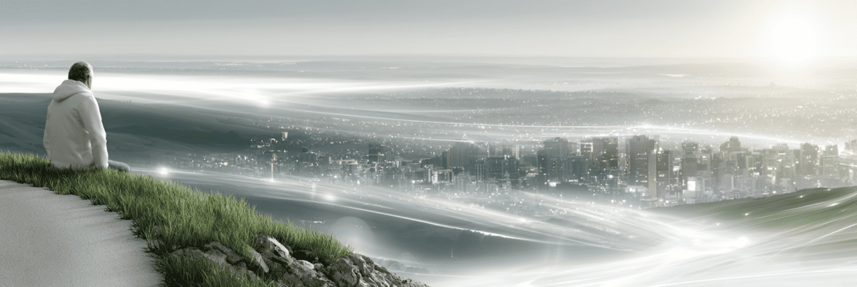 A solitary figure sits on a hillside overlooking a city as luminous pathways and patterns emerge across the landscape, symbolizing growing awareness of the hidden systems and technologies shaping modern life.