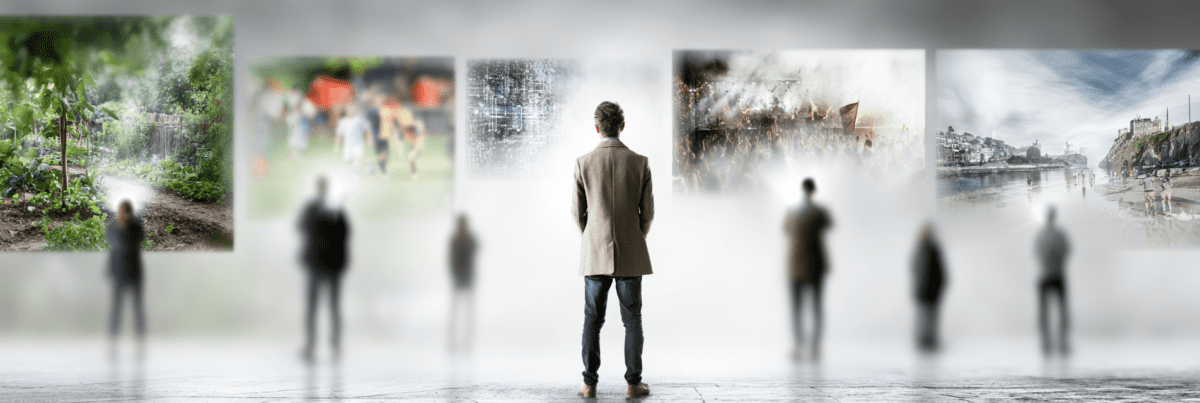 A person stands in a gallery surrounded by large scenes representing different interests and experiences, symbolizing how each of us inhabits a different version of the online world.