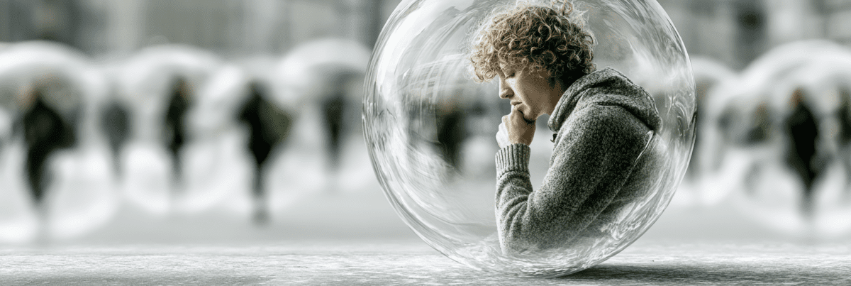 A thoughtful person sits inside a transparent bubble while many others move through their own invisible bubbles in the background, representing the personal assumptions and perspectives that shape how we see the world.