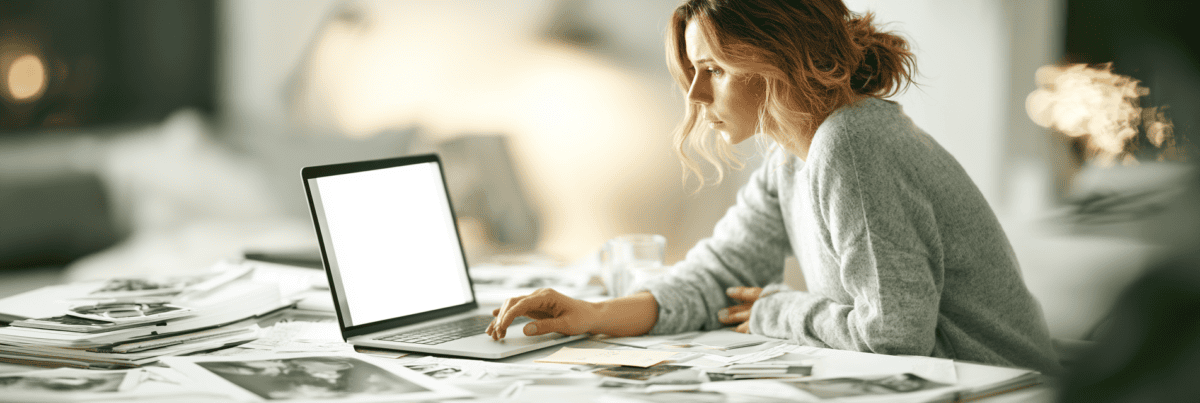 A woman sits at a table covered with notebooks, papers, and research materials, hesitating in front of a laptop with a blank screen.