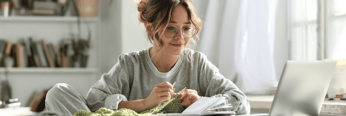 Woman knitting with green yarn beside an open notebook and laptop in a bright creative workspace.
