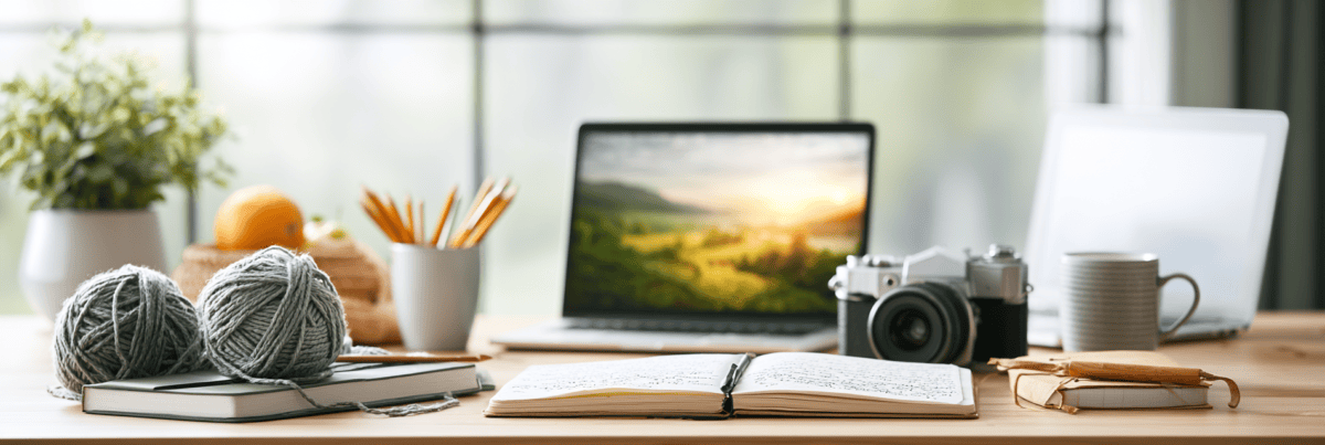 Creative workspace with yarn, notebook, camera, laptop, pencils, and coffee arranged across a wooden desk.