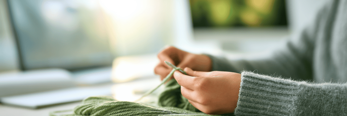 Close-up of hands knitting with green yarn in soft natural light, with a blurred creative workspace in the background.