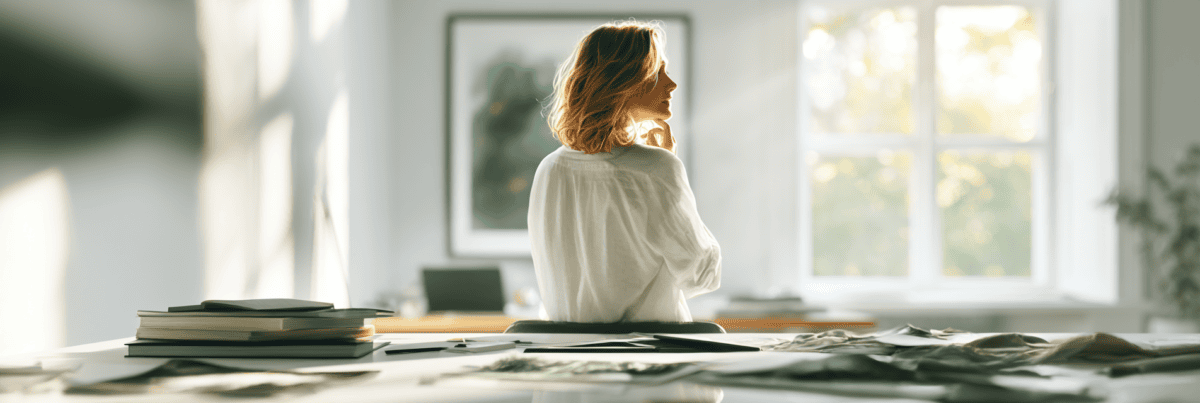 A woman stands thoughtfully near a sunlit window while a desk in the foreground is covered with notebooks, papers, and creative materials.