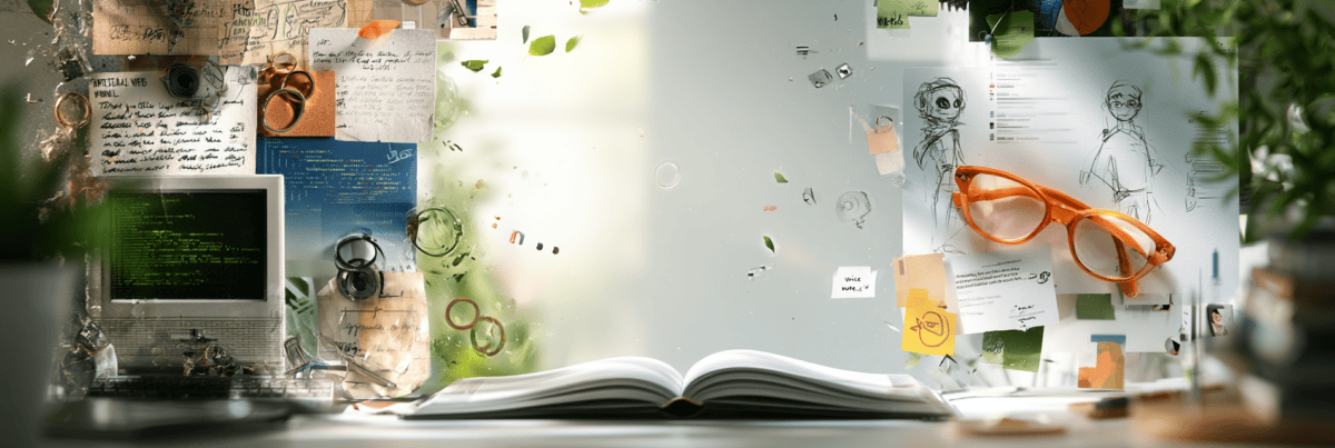 A creative collage showing an old computer, handwritten notes, coding references, character sketches, and orange glasses, representing two separate creative interests coming together.