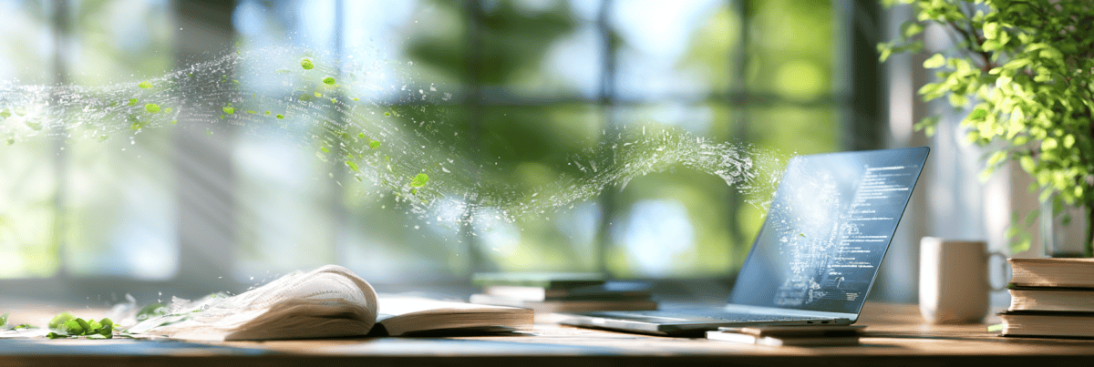 An open book and laptop on a sunlit desk connected by a flowing stream of digital fragments, symbolizing old ideas combining into a new creative direction.