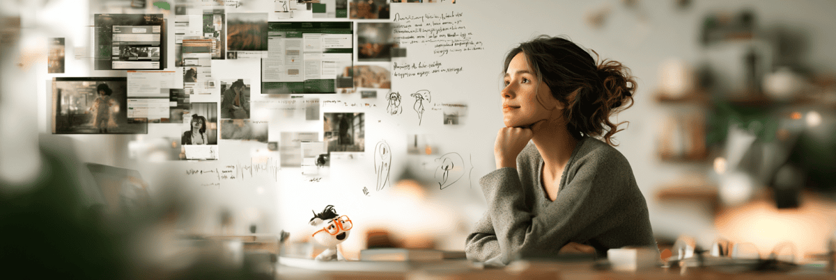 A woman reflecting at a creative workspace surrounded by notes, images, character sketches, and a small orange-glasses character, suggesting different creative threads forming one new project.