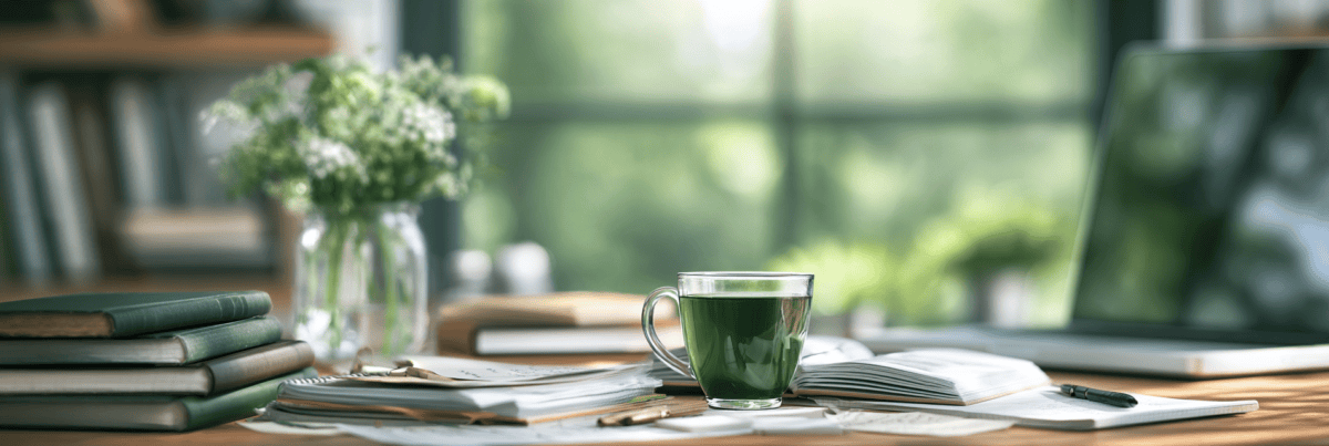 A creative workspace with stacked notebooks, open pages, a green drink, and a laptop beside a sunlit window, suggesting ideas coming together in a calm, reflective setting.