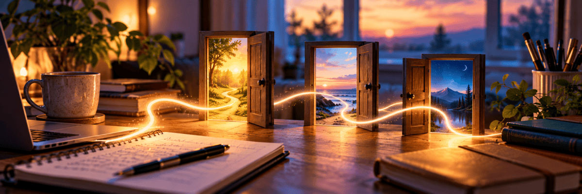 A warm creative workspace with three small open doors connected by a glowing path, each leading to a different landscape, symbolizing one idea opening the way to another.
