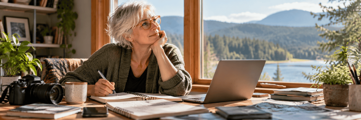 A woman with short white hair and orange glasses pauses thoughtfully at a creative workspace filled with notebooks, a laptop, and a camera, overlooking a peaceful mountain lake.