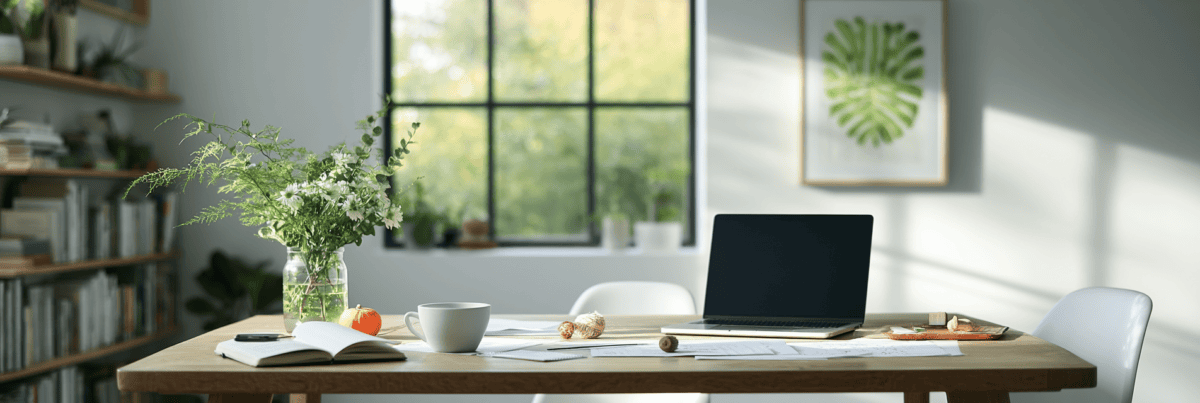 A bright creative workspace with a laptop, open notebook, coffee cup, papers and plants arranged across a wooden desk.