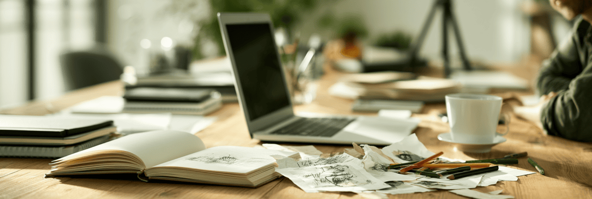 An open sketchbook, loose drawings, colored pencils and a laptop spread across a busy wooden creative workspace.