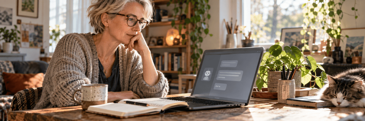 A woman sits thoughtfully at a laptop with a notebook, coffee, plants, and a sleeping cat in a bright home workspace.