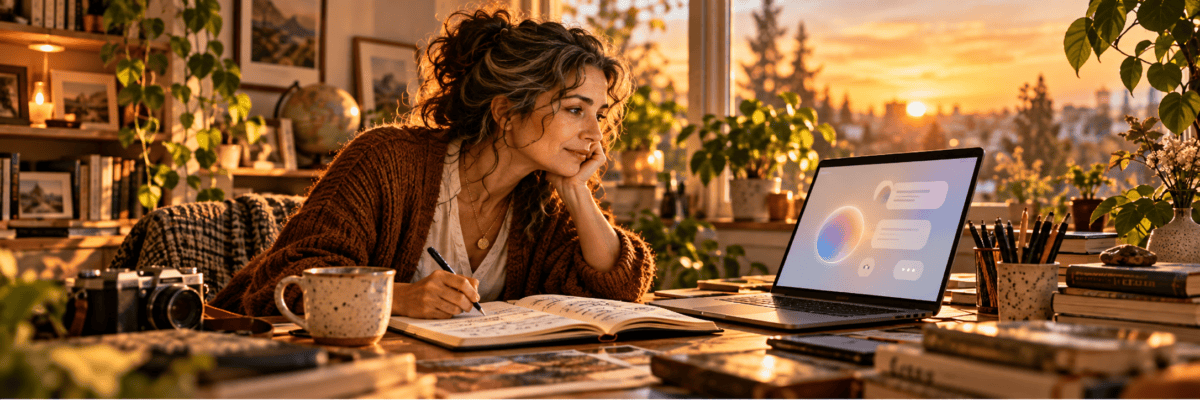 A woman writes in a notebook beside a laptop with an AI chat interface, surrounded by books, plants, a camera, and coffee in a warm, sunlit workspace.