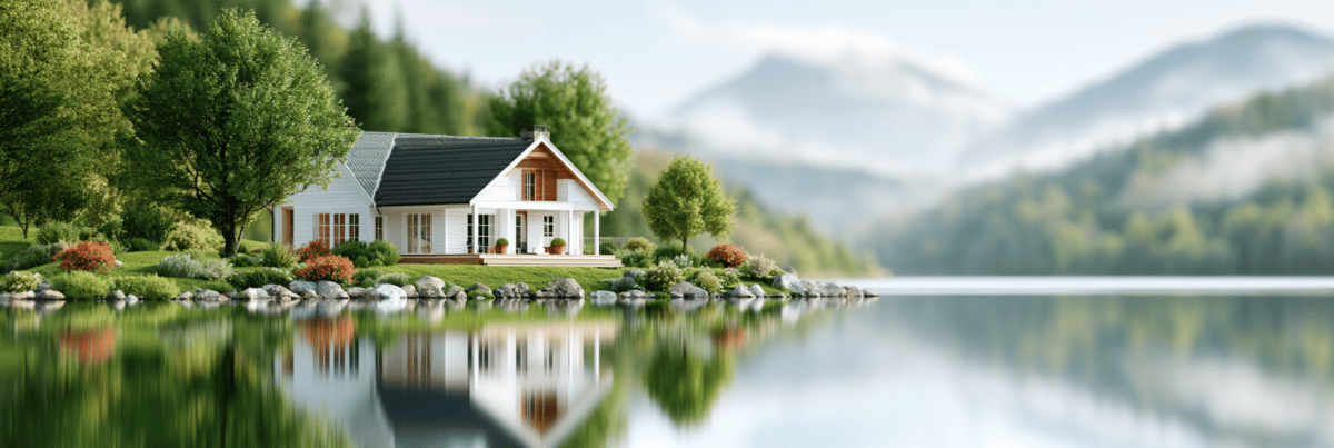 A well-kept white house surrounded by gardens beside a perfectly still lake, with mountains reflected in the water.