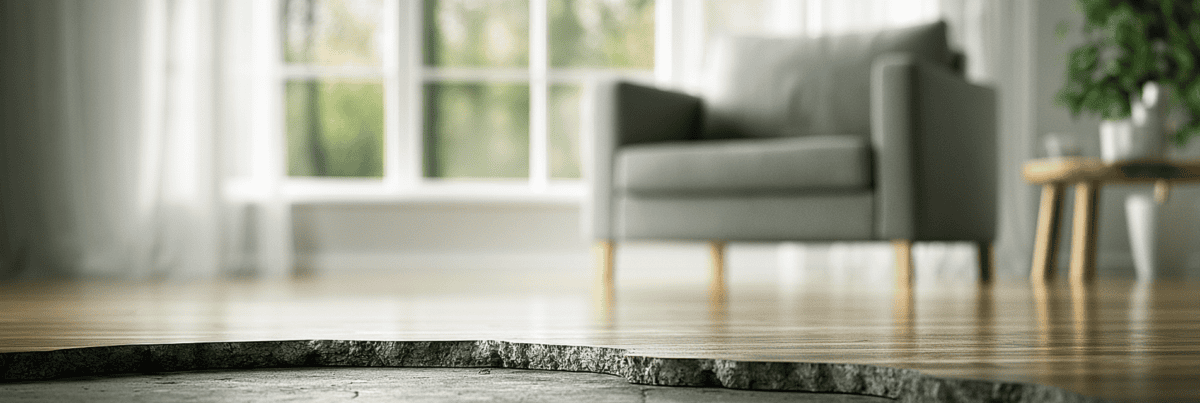 A calm, sunlit room with an armchair in the background and a subtle uneven break beneath the wooden floor.